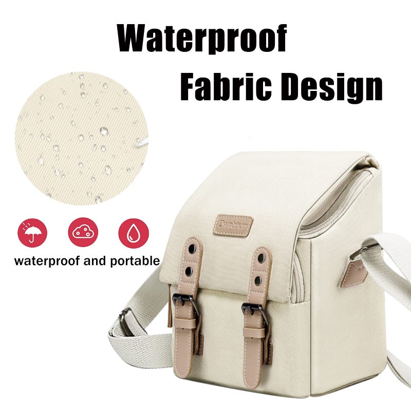 Cwatcun Compact Camera Bag Purse Case Canvas Leather Trim Compatible for Nikon  Canon  Sony Mirrorless Camera and Lenses Waterproof  Camera Shoulder Messenger Bag Beige - Image 4